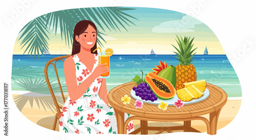 Relaxing Woman Enjoying Tropical Fruit Cocktail At Beach Resort