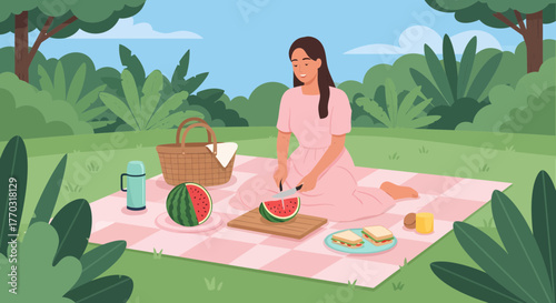 Relaxing Picnic Day In The Park With Fresh Watermelon