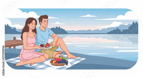 Romantic Couple Enjoying Picnic Beside The Lake At Sunset