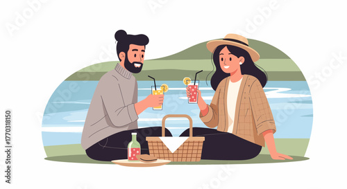 Romantic Couple Enjoying Picnic Date By The Lake