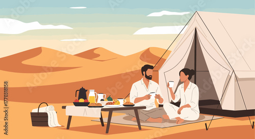 Romantic Desert Getaway Couple Enjoying Breakfast Near Tent