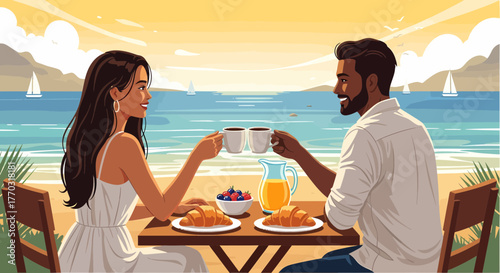 Romantic Seaside Breakfast Shared By Couple On Tropical Getaway