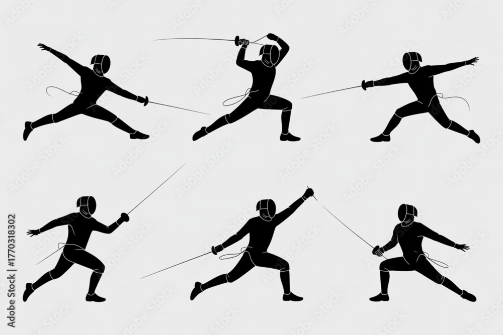 Fototapeta premium Dynamic fencer silhouettes capturing athletic action and competitive spirit in various agile poses for sports and training visuals.