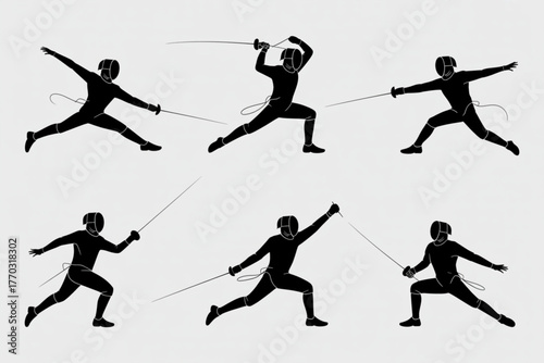 Dynamic fencer silhouettes capturing athletic action and competitive spirit in various agile poses for sports and training visuals.