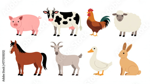 Farm animal friends, including a pig, cow, rooster, sheep, horse, goat, duck, and rabbit, perfect for children's illustrations or educational resources.