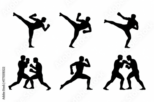 Dynamic silhouettes showcase powerful kicks and boxing stances for martial arts and combat sports