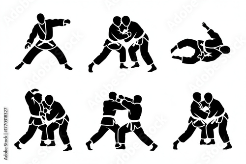 Dynamic martial artists locked in intense combat showcasing grappling and striking techniques in powerful action poses