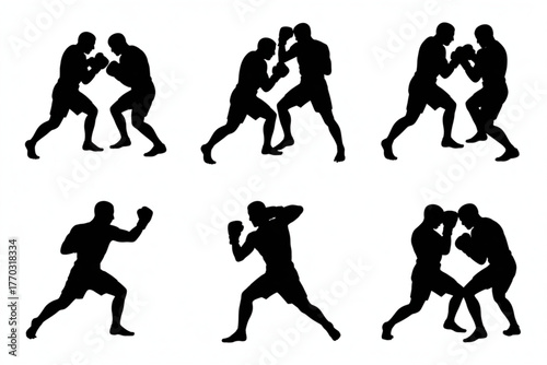Dynamic boxing silhouettes capture the intensity of combat, showcasing powerful stances and aggressive moves for sports and fitness visuals.
