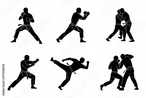 Dynamic martial arts silhouettes showcase powerful stances, aggressive strikes, and grappling combat for sports and fitness promotions