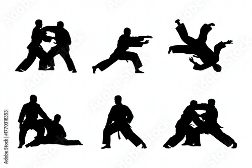 Dynamic martial arts silhouettes capture intense combat training and agile movements in powerful action poses