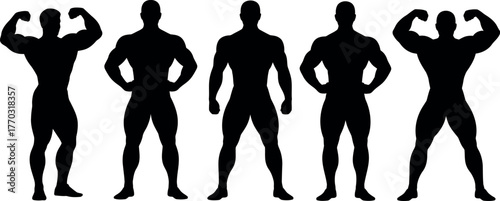 Silhouette of muscular bodybuilders showcasing their physique in various poses graphic resource