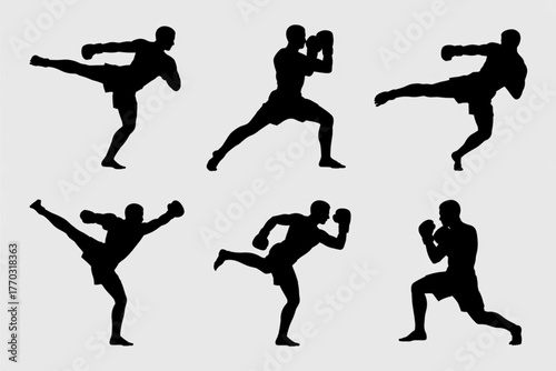 Dynamic martial artists in action silhouettes showcasing powerful kicks and boxing stances for combat sports and fitness visuals