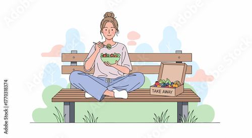 Woman Enjoying A Salad In The Park With Take Away Fruits