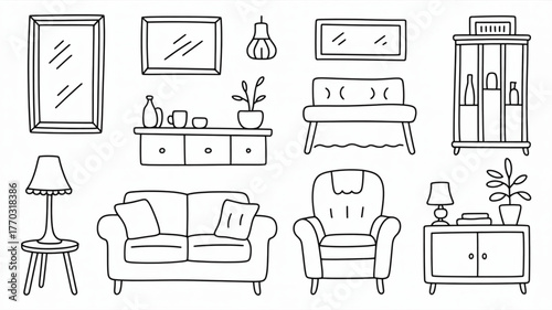 Create inviting living space with this collection of hand-drawn furniture, perfect for designing cozy home interiors with a touch of personalized charm