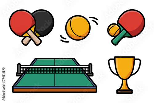 Dynamic table tennis icons capture the thrill of the game with paddles, ball, net, and trophy for sports marketing and design.