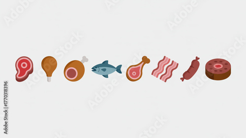 Delicious collection of grilled meats, poultry, fish, and savory bacon icons for culinary inspiration and food service.