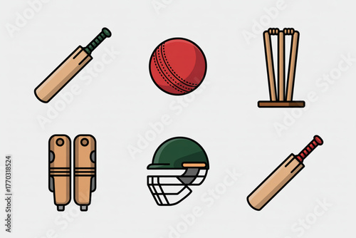 Dynamic collection of essential cricket equipment including bats, ball, stumps, helmet and pads for sports enthusiasts and athletes