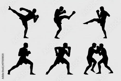 Dynamic martial artists performing powerful kicks and punches in athletic poses ready for combat action