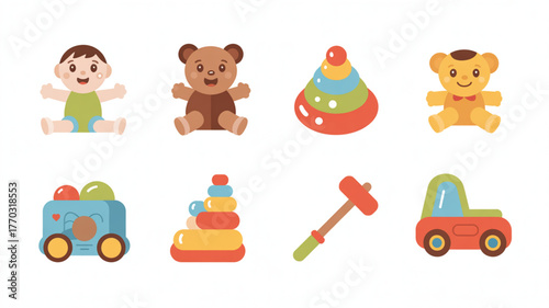 Adorable collection of cute baby toys including teddy bears, stacking rings, a toy car, and a baby figure, perfect for children's themes.