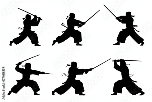 Dynamic silhouettes of samurai warriors in action, showcasing powerful sword stances and martial arts mastery for an impactful visual narrative.