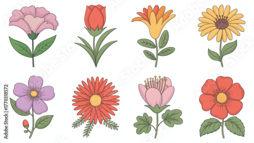 Vibrant collection of charming cartoon flowers in various styles and colors, perfect for delightful designs and whimsical projects.
