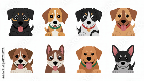 Adorable cartoon puppies with happy expressions and diverse breeds create a joyful and charming collection, perfect for pet-themed designs
