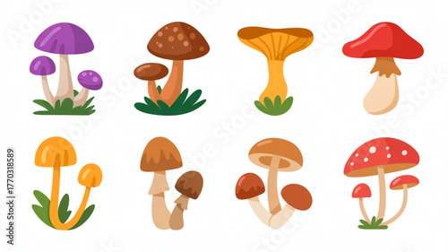 Vibrant and whimsical cartoon mushrooms in assorted colors and styles, perfect for playful designs and nature themes