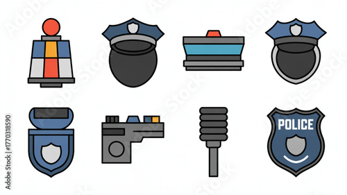 Police gear icons for law enforcement and crime prevention, perfect for presentations or educational materials about safety and community protection