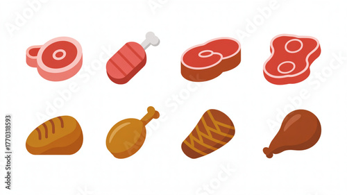 Delicious raw and cooked meats featuring steaks chicken legs and roasts perfect for culinary designs