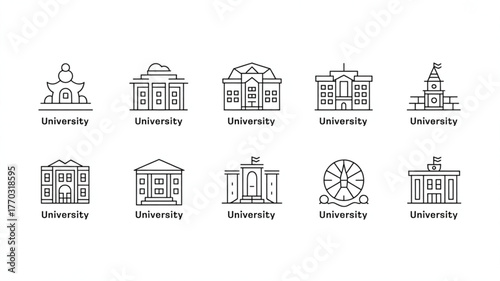 Modern university building icons representing higher education institutions and academic campuses for educational design projects