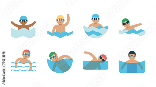 Joyful swimmers of diverse backgrounds embracing aquatic fun and fitness in vibrant pool scenes