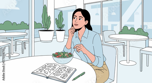 Young Woman Enjoying Lunch While Doodling In Her Sketchbook