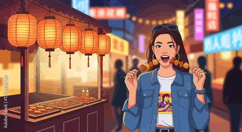Young Woman Enjoys Street Food at Vibrant Asian Night Market