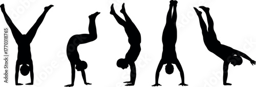 Silhouette of people performing various handstand positions demonstrating strength and balance