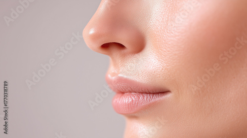 Close up of smooth female face with natural makeup, focusing on lips, nose, and cheek, showing healthy skin texture and soft lighting for serene, fresh appearance
