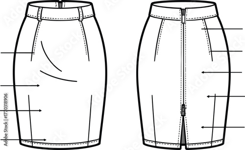 Vector illustration of pencil skirt showing front and back construction details with arrows for fashion design, garment, and clothing concept
