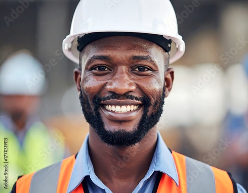 Happy construction worker in white hard hat and safety vest smiles
