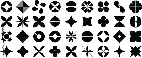Minimal geometric flower and petal symbol collection in bold black shapes, modern abstract vector pattern, design, background, graphic, concept