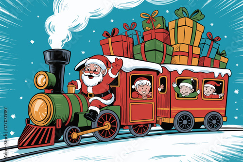 Santa Claus Christmas Train Vector Illustration | Festive Holiday Journey
