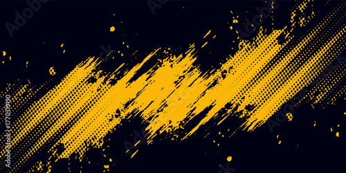 Halftone yellow dots pattern and black gradient grunge texture background.