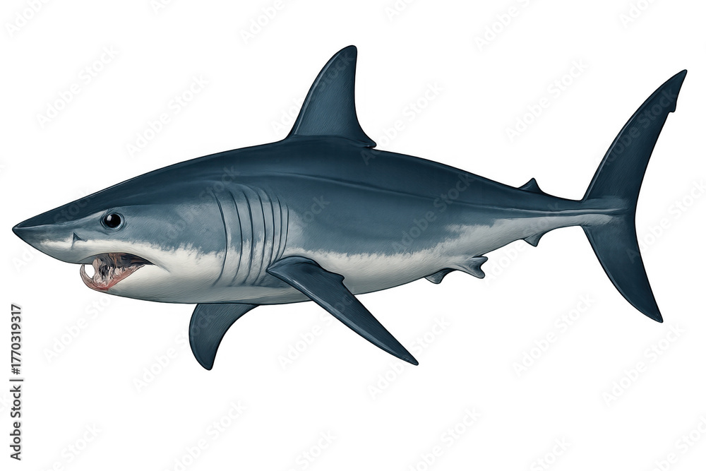 Naklejka premium Mako shark swimming, fierce ocean predator, marine animal illustration with open mouth and sharp teeth on transparent background