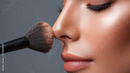 Close up of asian female nose contour with smooth skin, natural makeup, and soft lighting, makeup brush applying powder, beauty and elegance, calm expression, flawless complexion