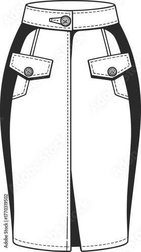 Vector illustration of pencil skirt with flap pockets, button-tab closure, and contrast side panels for fashion, garment, and clothing design