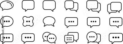 Speech bubble icons, chat symbols, digital communication elements, message balloon graphics, conversation shapes, ellipsis bubbles, overlapping chat icons, vector outline, UI design assets