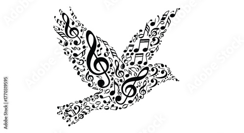 Elegant dove silhouette formed by intricate musical notes and symbols, embodying harmony, peace, and the universal language of creative sound expression