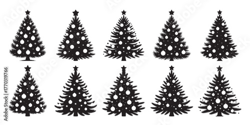 A collection of ten black silhouette Christmas trees, each decorated with ornaments and a star topper, isolated on a white background.