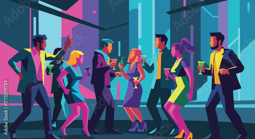 Dynamic Nightlife Celebration with Diverse Friends Dancing and Socializing, a Vibrant Illustration Capturing Modern Urban Festivities and Entertainment