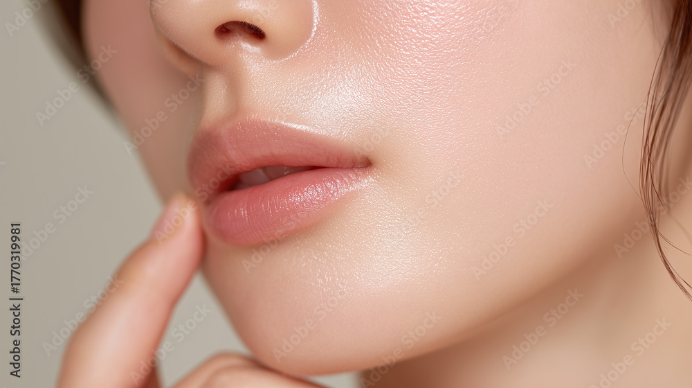 Obraz premium Smooth skin natural makeup soft lighting close up of asian female jawline and lips with finger gently touching healthy complexion beauty skincare serene mood