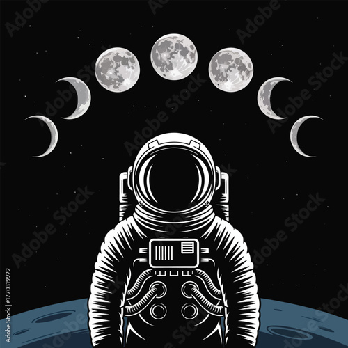 Astronaut Observing Moon Phases in Space lunar cycle