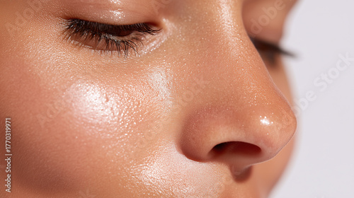 Close up of asian female nose side with smooth, glowing skin, natural complexion, and visible pores, highlighting healthy skincare and fresh appearance in soft lighting
